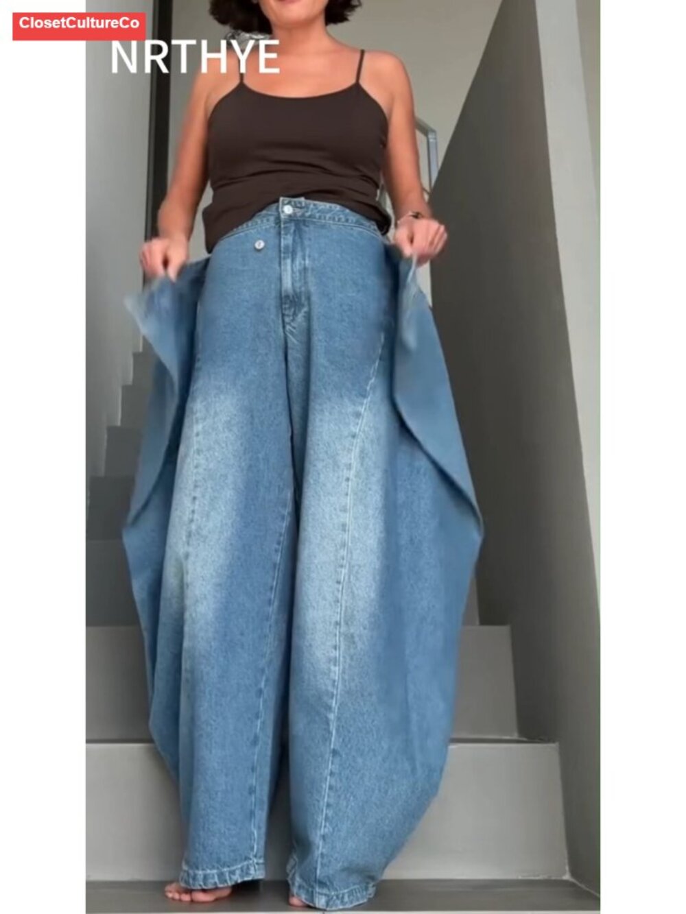 Women's Cargo Jeans Asymmetrical Patchwork Wide Leg Denim Pants - Picture 6 of 6